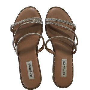 Steve Madden Studded Rhinestone Slip on Sandals Tan Silver Size 7